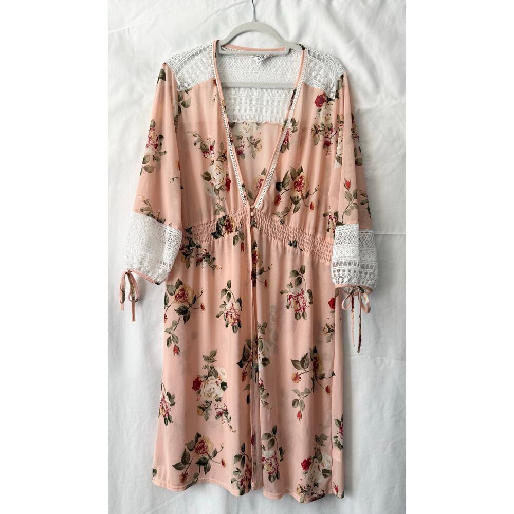 Siren Lily Whimsical Floral Mesh Open Front Duster Cardigan 2X
